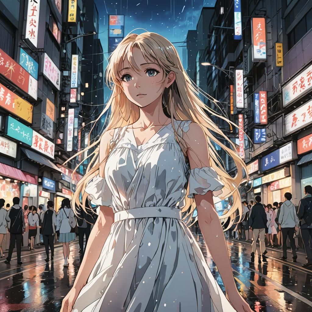 Anime Girl in Crowded City: Manga Style Key Visual