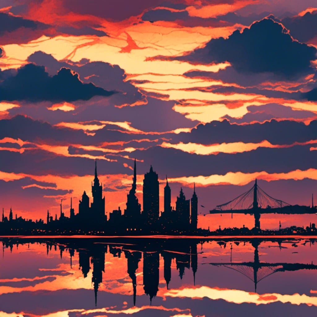 Sunset Cityscape Reflected in Wood Art Style