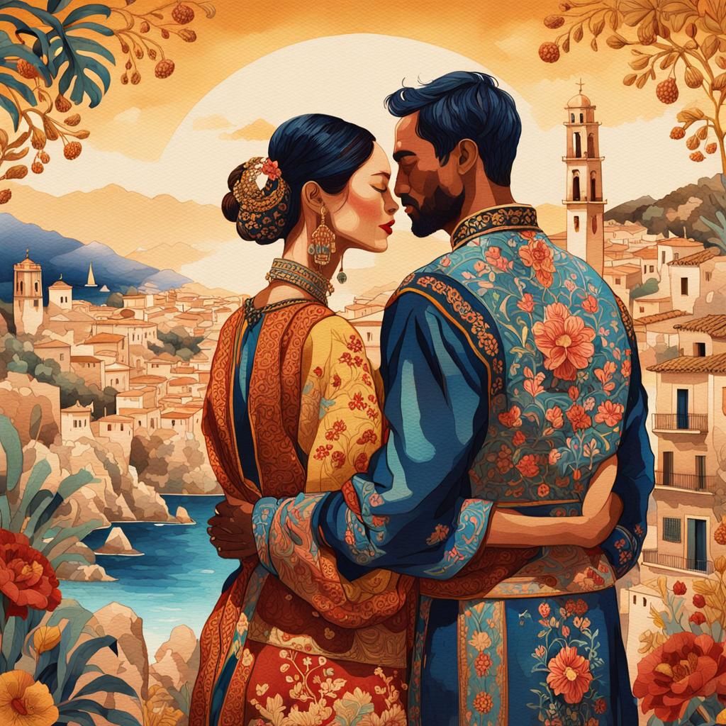 Diverse Couples Embrace in Vibrant Cultural Illustration