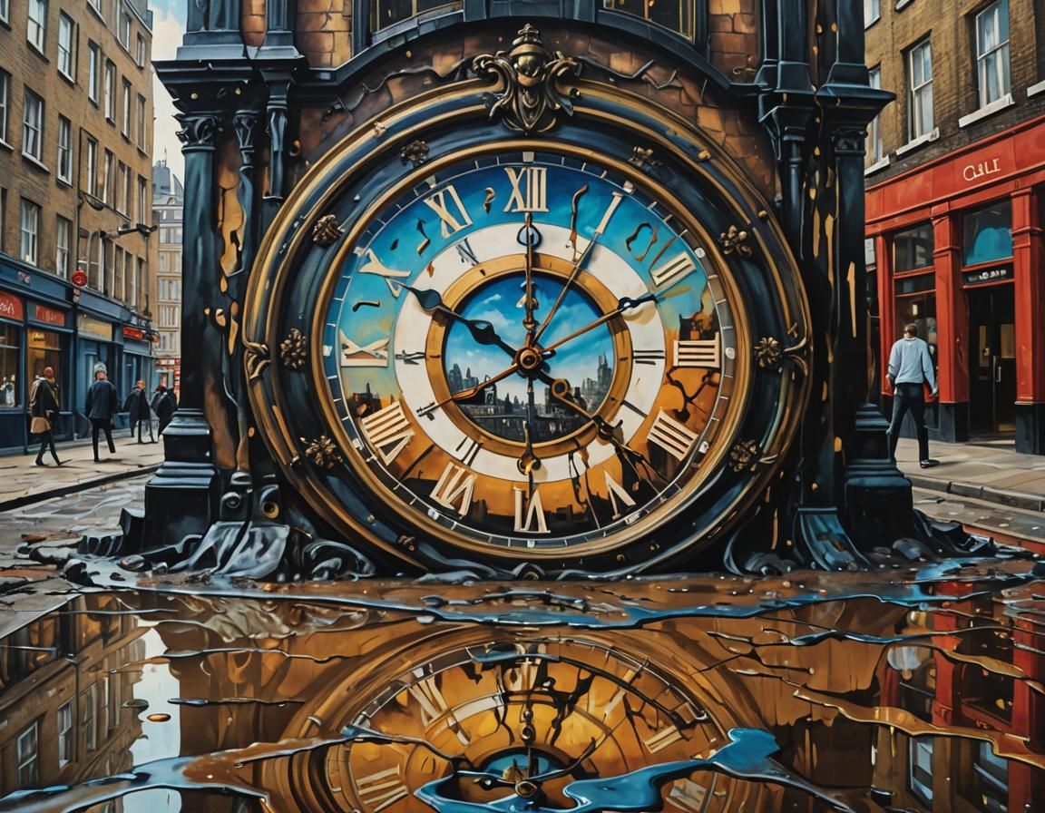 Melting Clock in London: Surreal Oil Painting