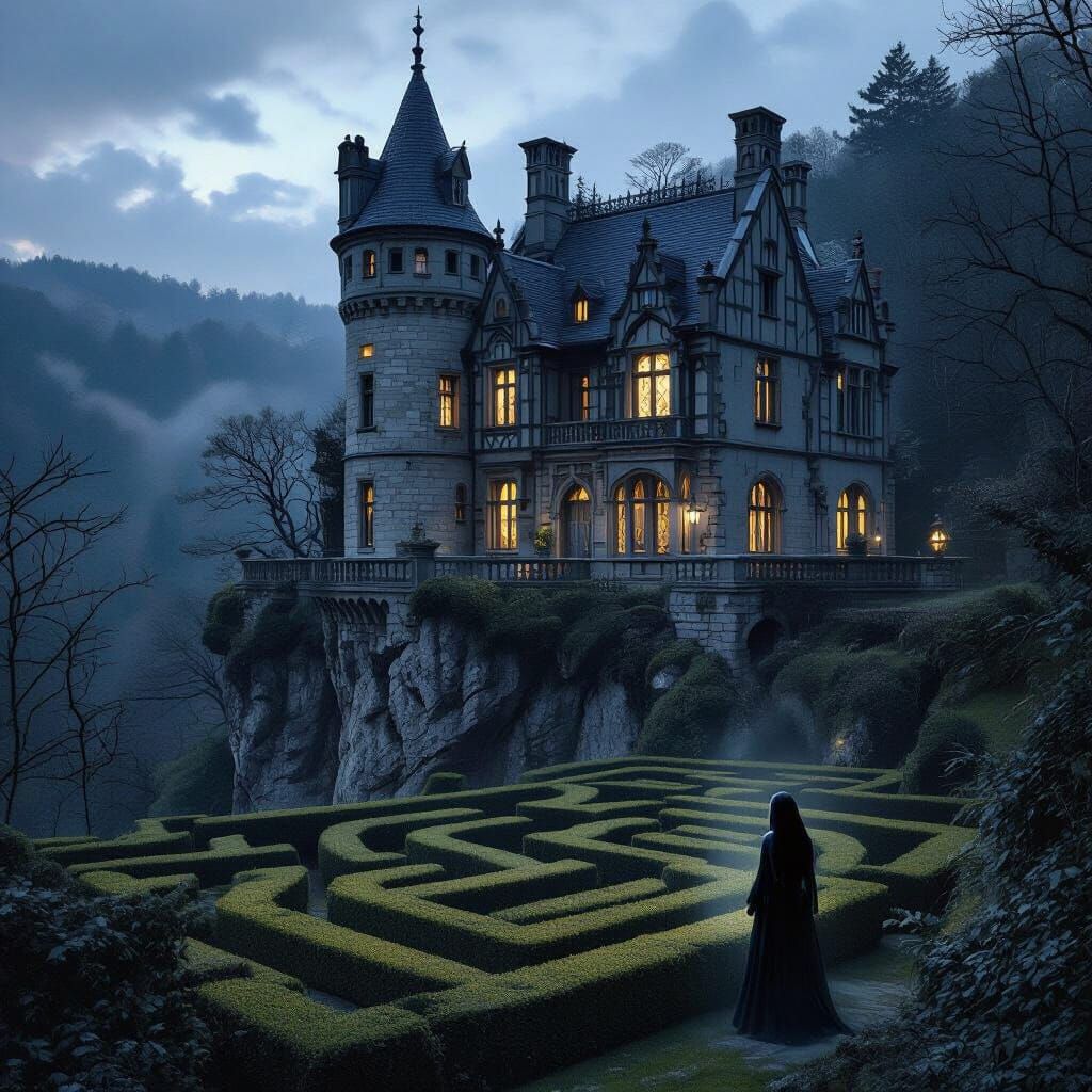 Gothic Manor House with Ethereal Light and Spectral Figure
