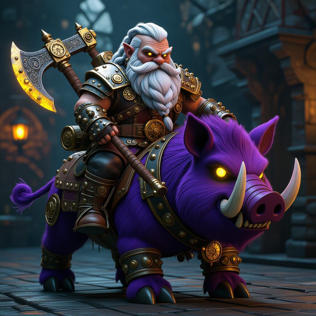 Steampunk Dwarf Riding Clockwork Boar in Dark Fantasy Style