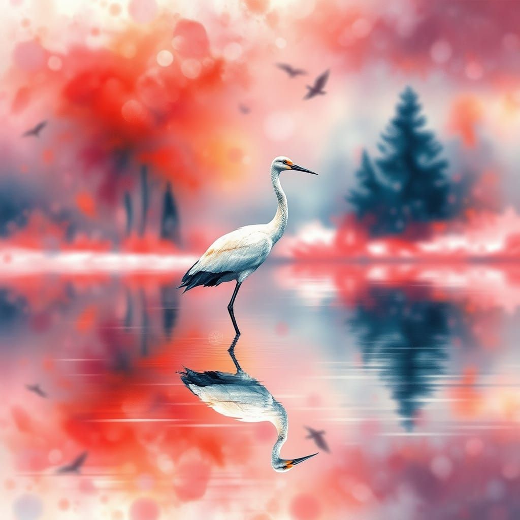 Vibrant Watercolor Crane in Ethereal Winter Landscape