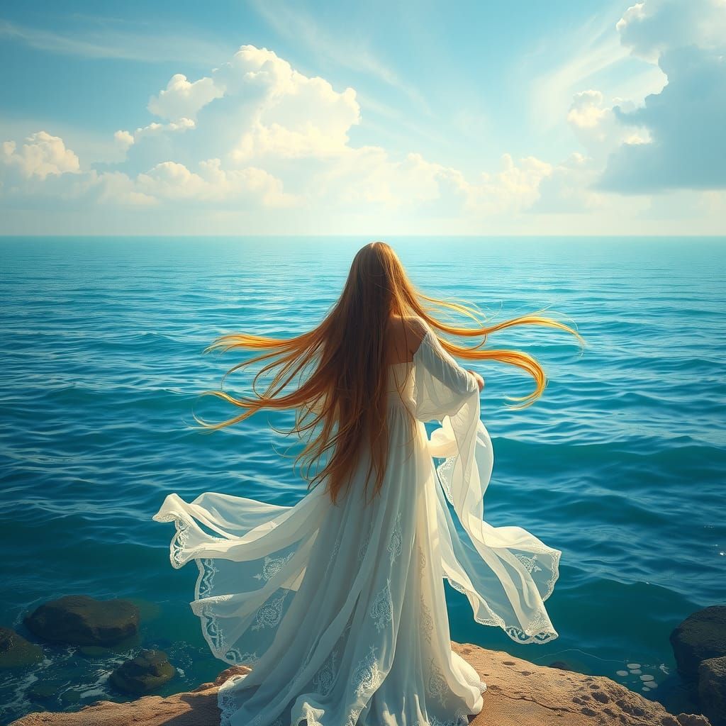 Mystical Woman at Ocean's Edge: Magic Realism