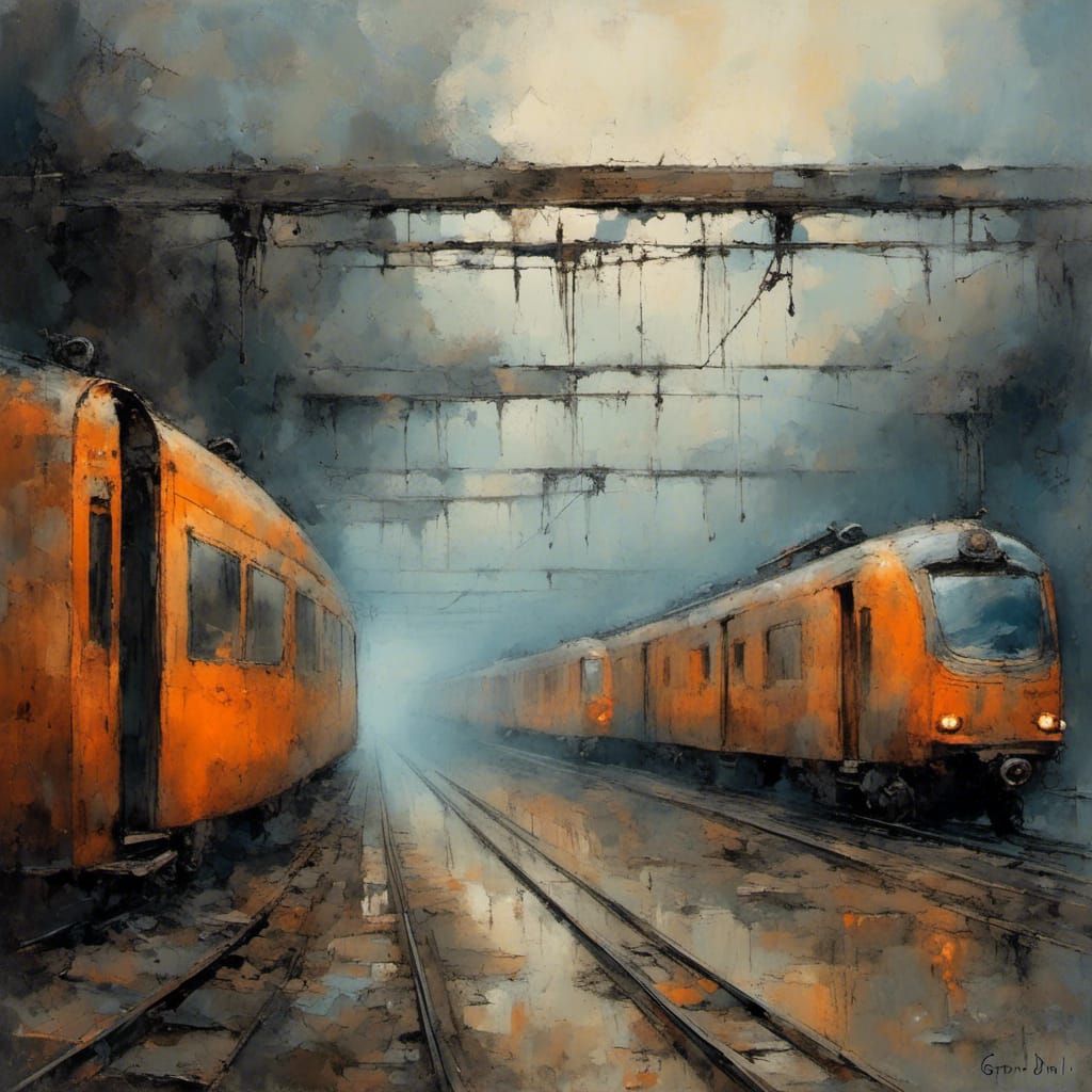 Fog-Shrouded Surreal Train Station in Impressionist Style