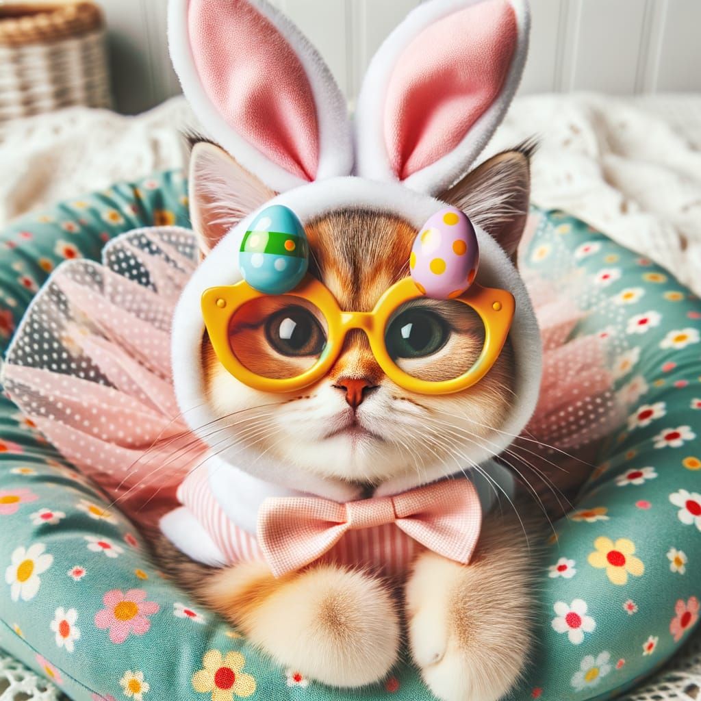 Kitten in Easter Bunny Costume with Egg Glasses