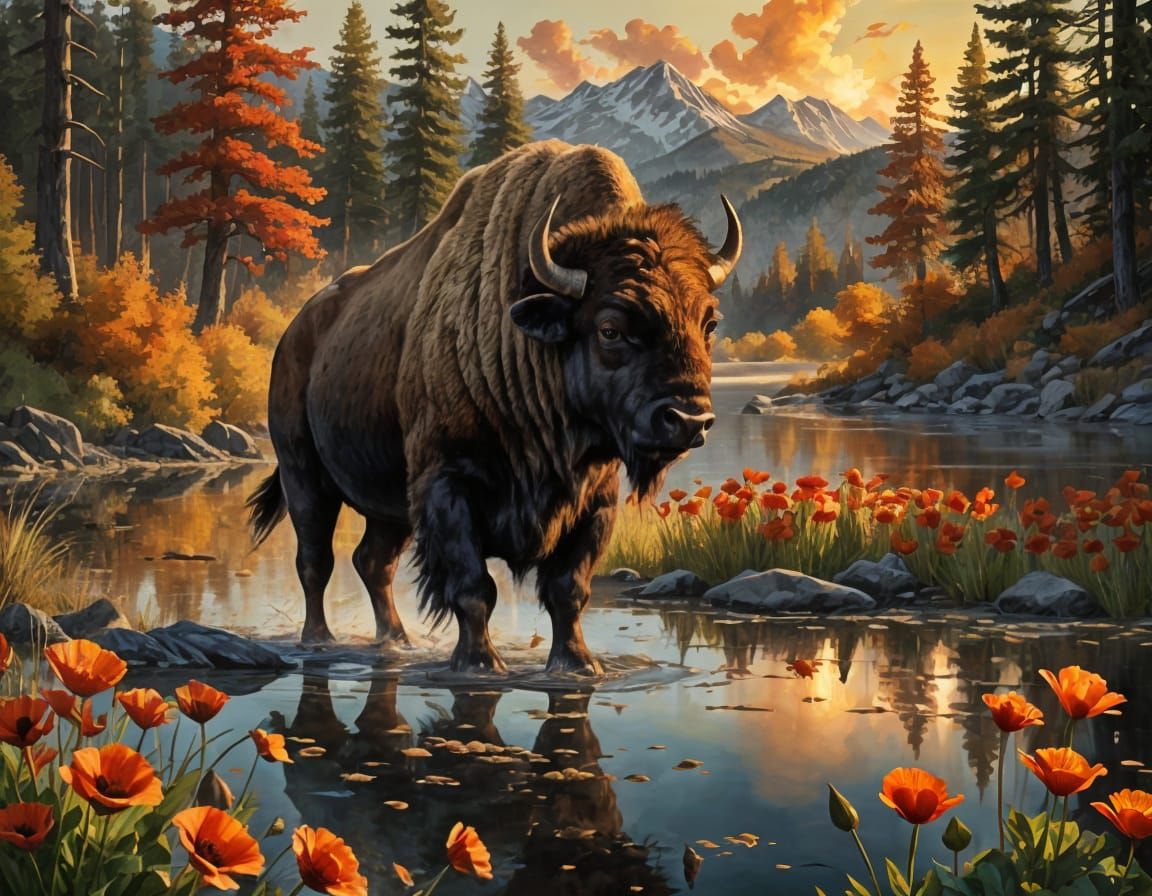 Majestic Bison in Autumn Landscape with Crimson Sun