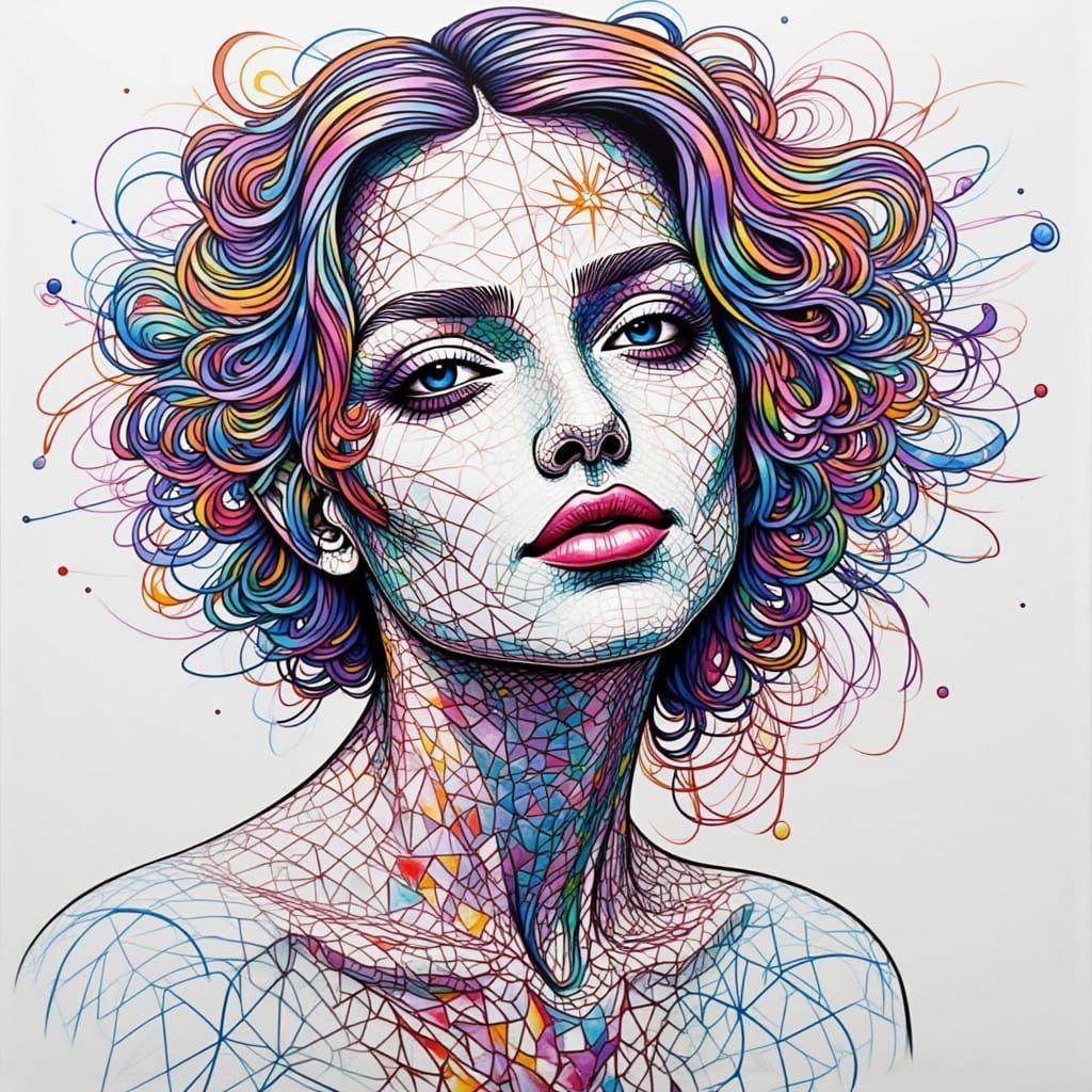 Ethereal Single-Line Woman Portrait with Geometric Grid