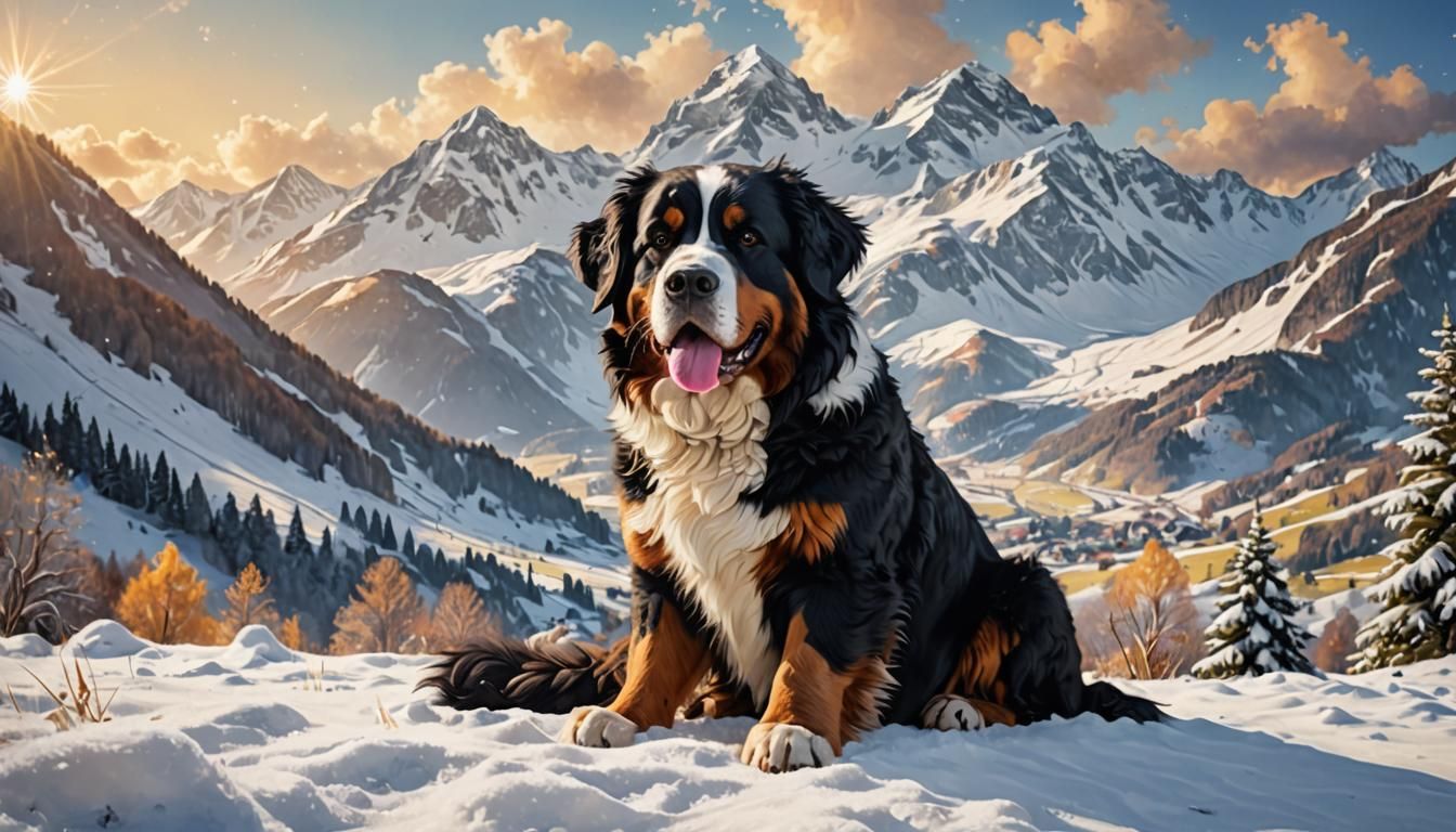 Bernese Mountain Dog in Snowy Alps, Digital Oil Painting
