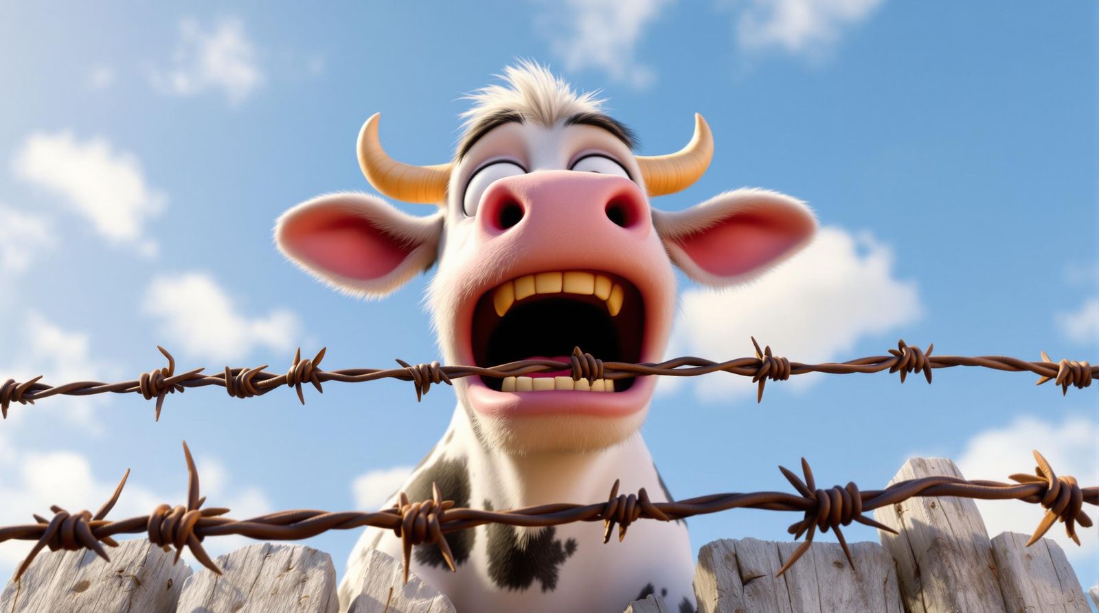 Terrified Cow in Agony Behind Barbed Wire Fence