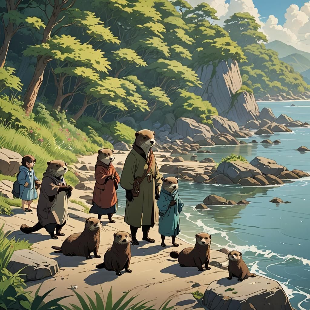 Anime-Style Sea Otter Family Sketch