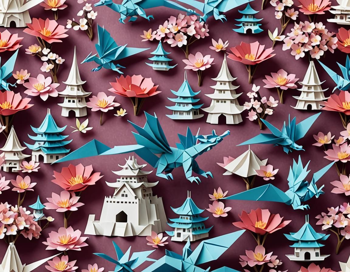 Detailed Origami Dragon with Cranes and Castle