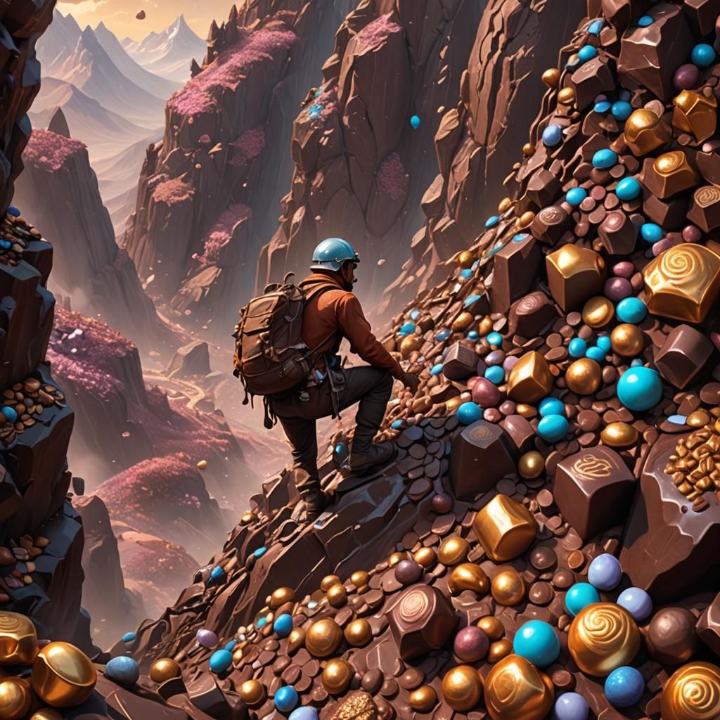 Man Climbs Chocolate Mountain in Dreamlike Landscape
