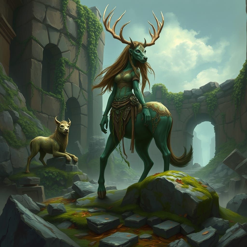 Centaur Druid in Mystical Ruined Landscape