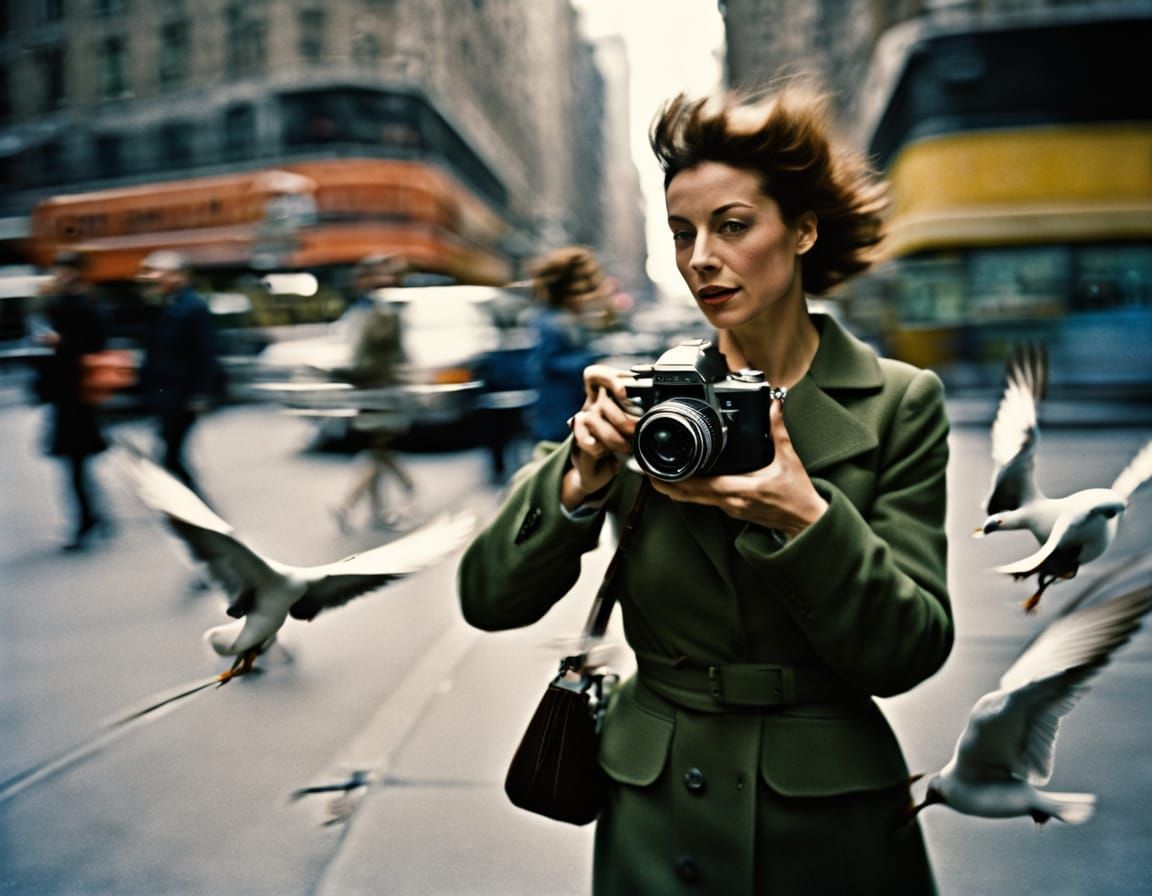 Grainy Street Portrait of Woman with Camera