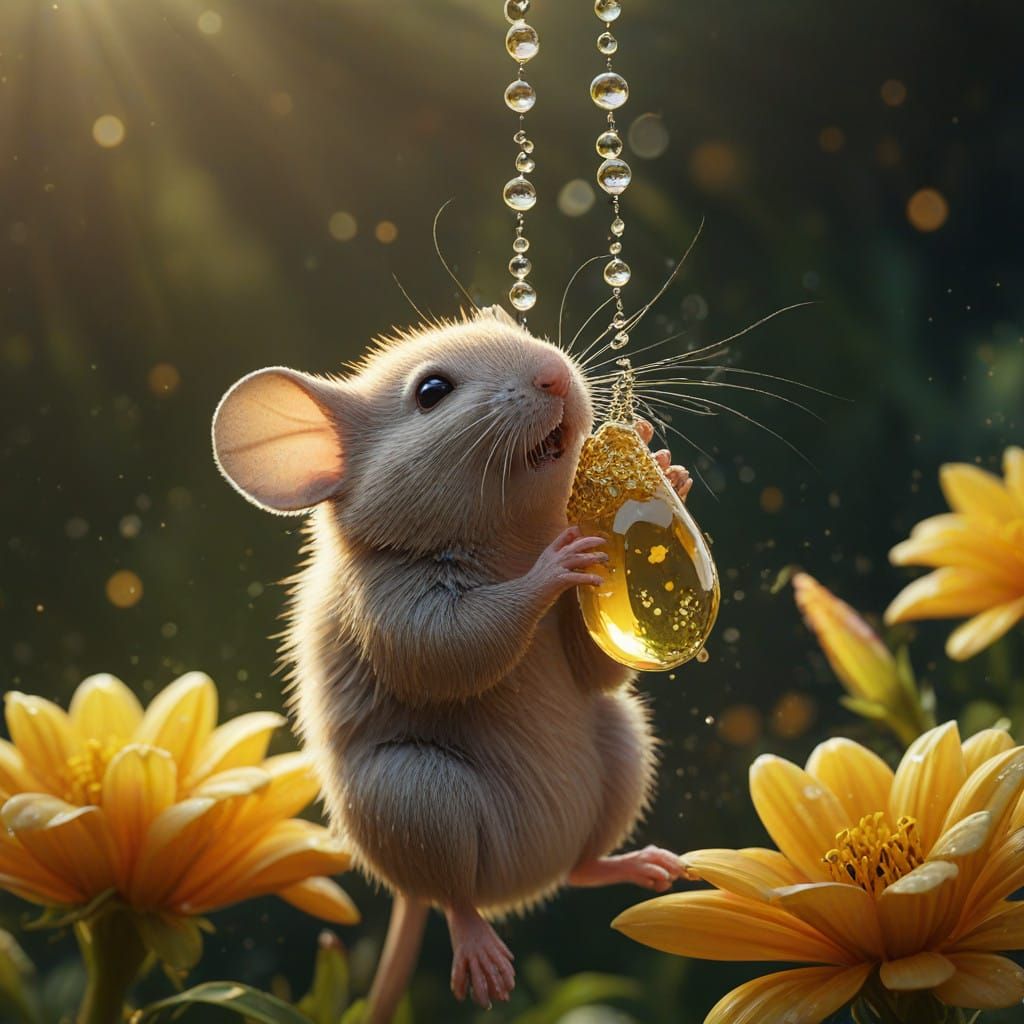 Moonlit Mouse Amidst Vibrant Blooms in an Idyllic Fantasy Ga...
