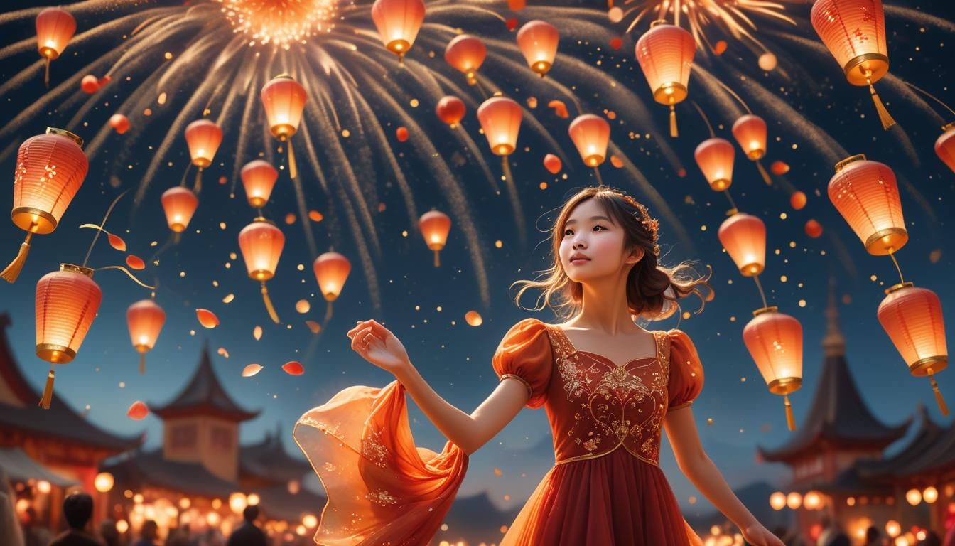 Girl Gazing at Lanterns in Ethereal Night Sky