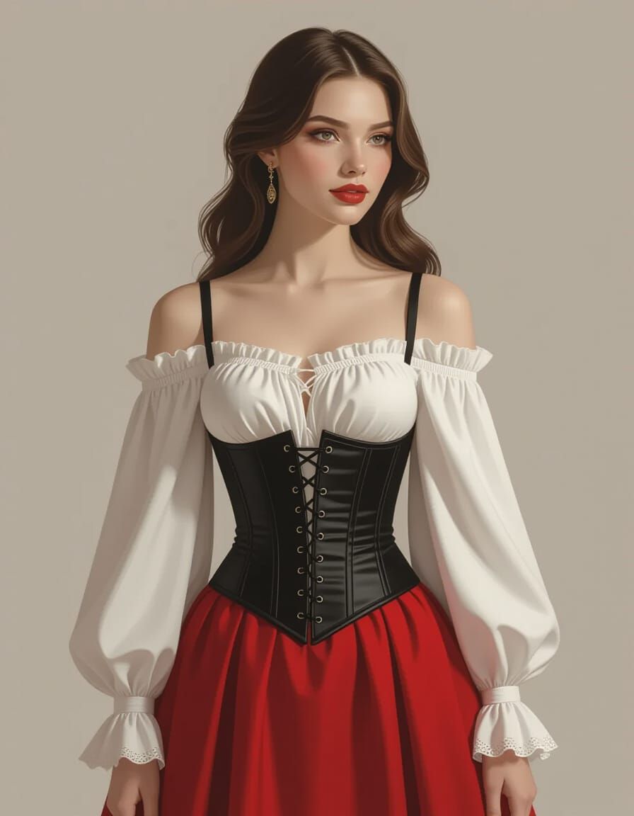 Pale Brunette Woman in Corset and Off-Shoulder Blouse