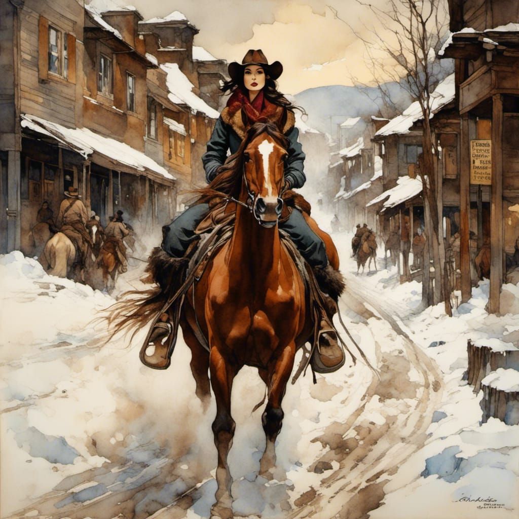 Brunette Cowgirl Rides Through Snowy Klondike Town