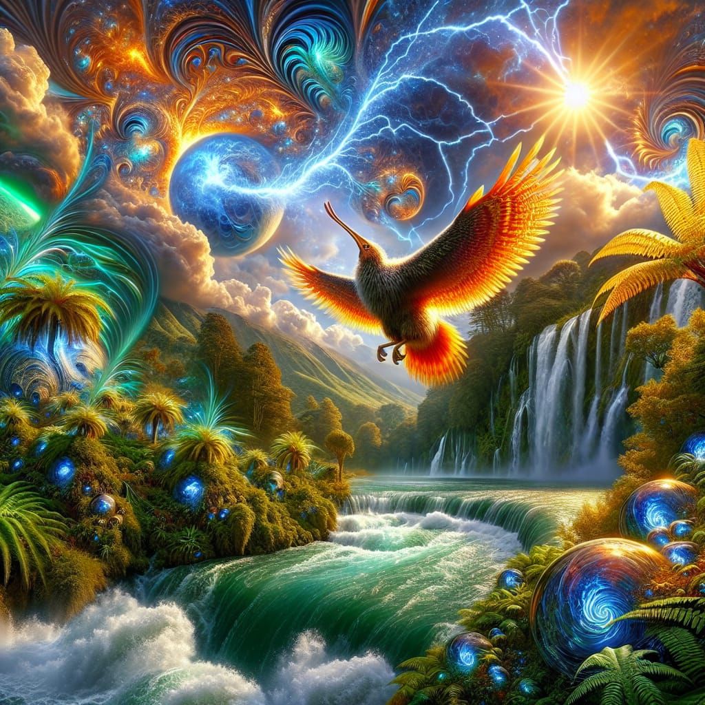 Moa Bird in Psychedelic Maori Landscape