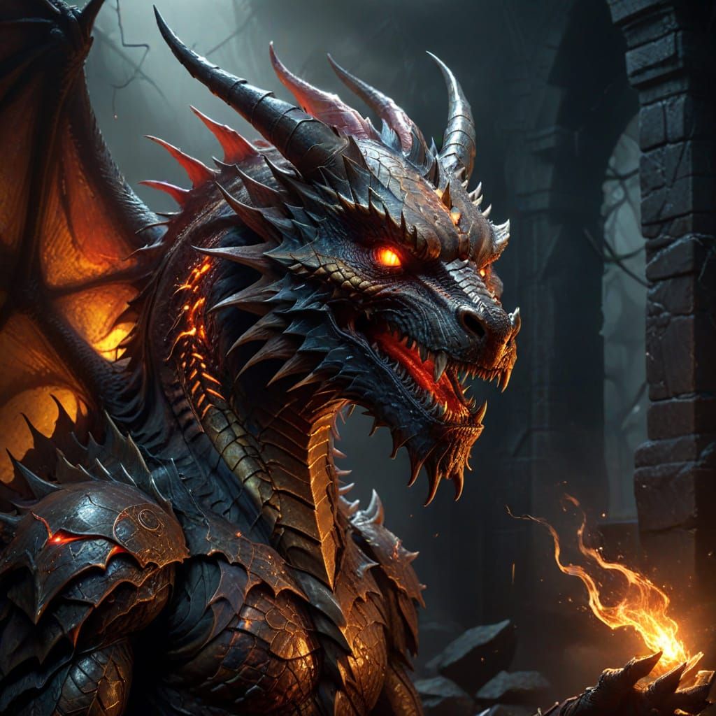 Surreal Golden-Red Dragon with Glowing Eyes and Fiery Aura