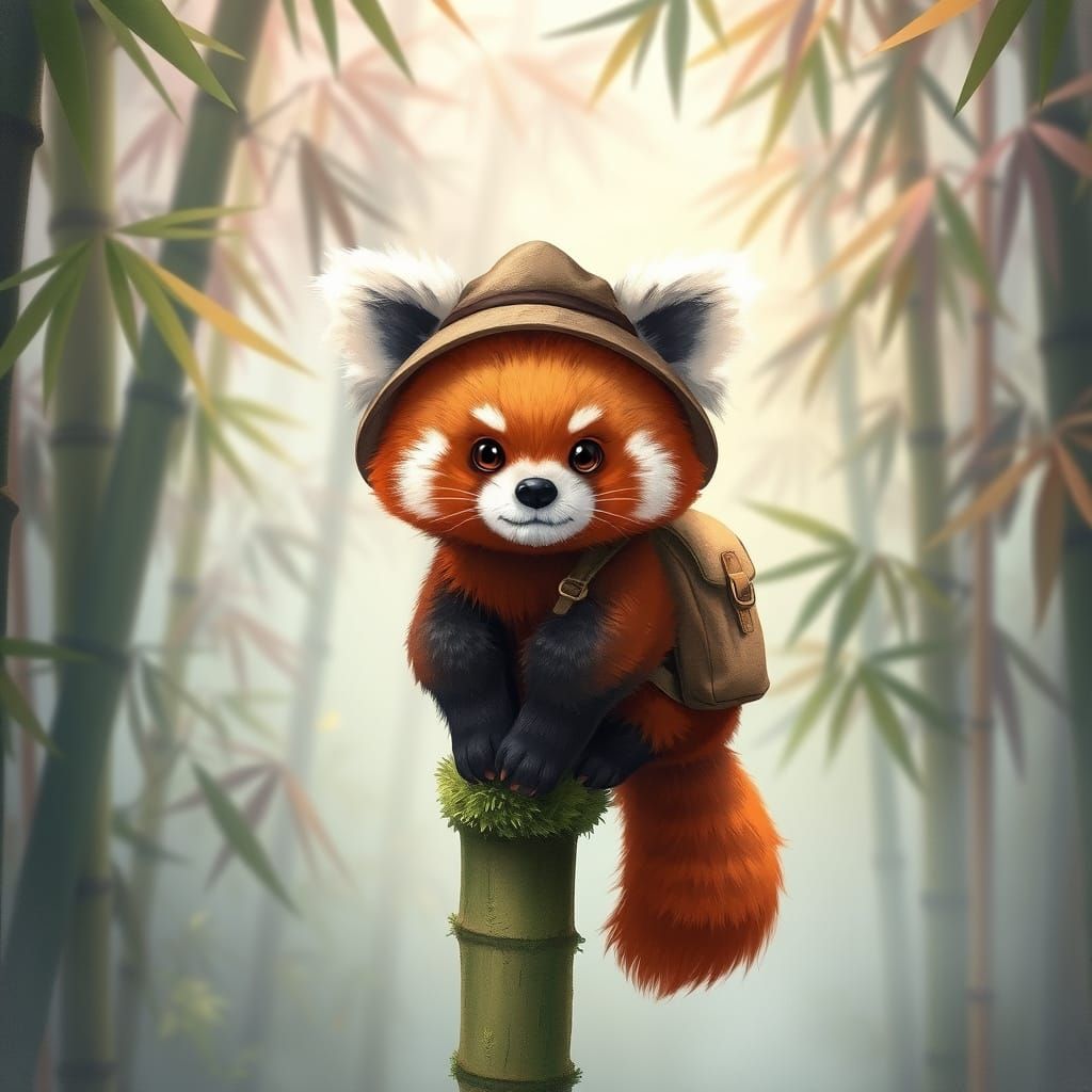 Red Panda Explorer in Misty Bamboo Forest