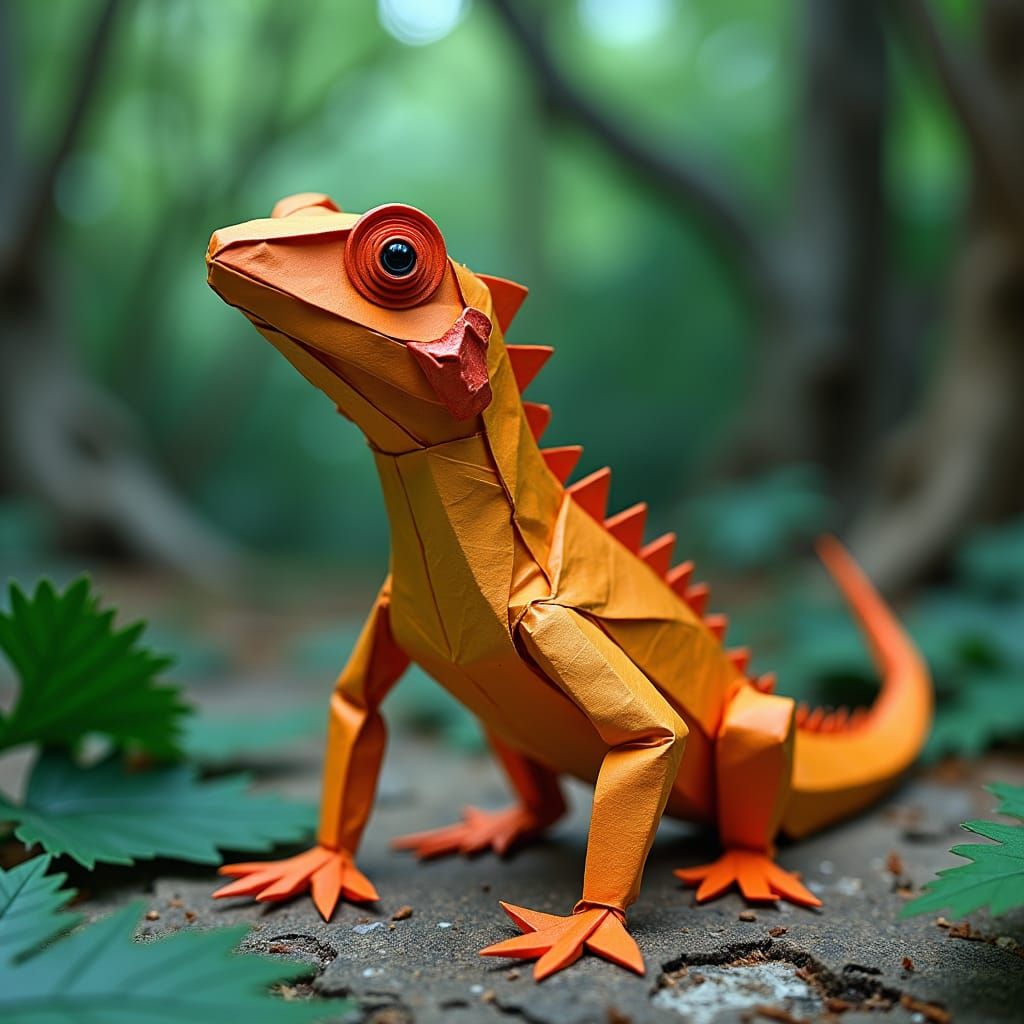 Origami Lizard in Jungle, Art Brut Style