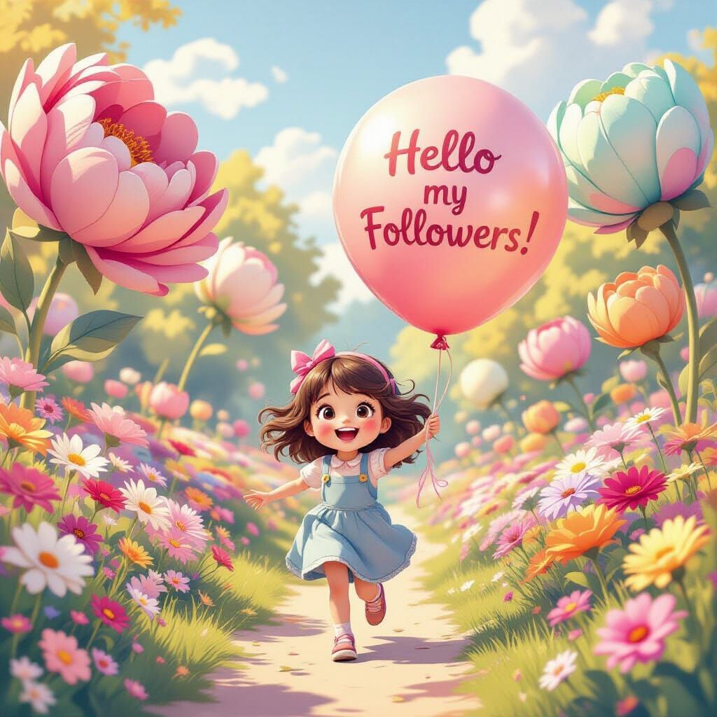 Girl with Giant Flowers and Balloon in Pastel 3D Cartoon Sty...