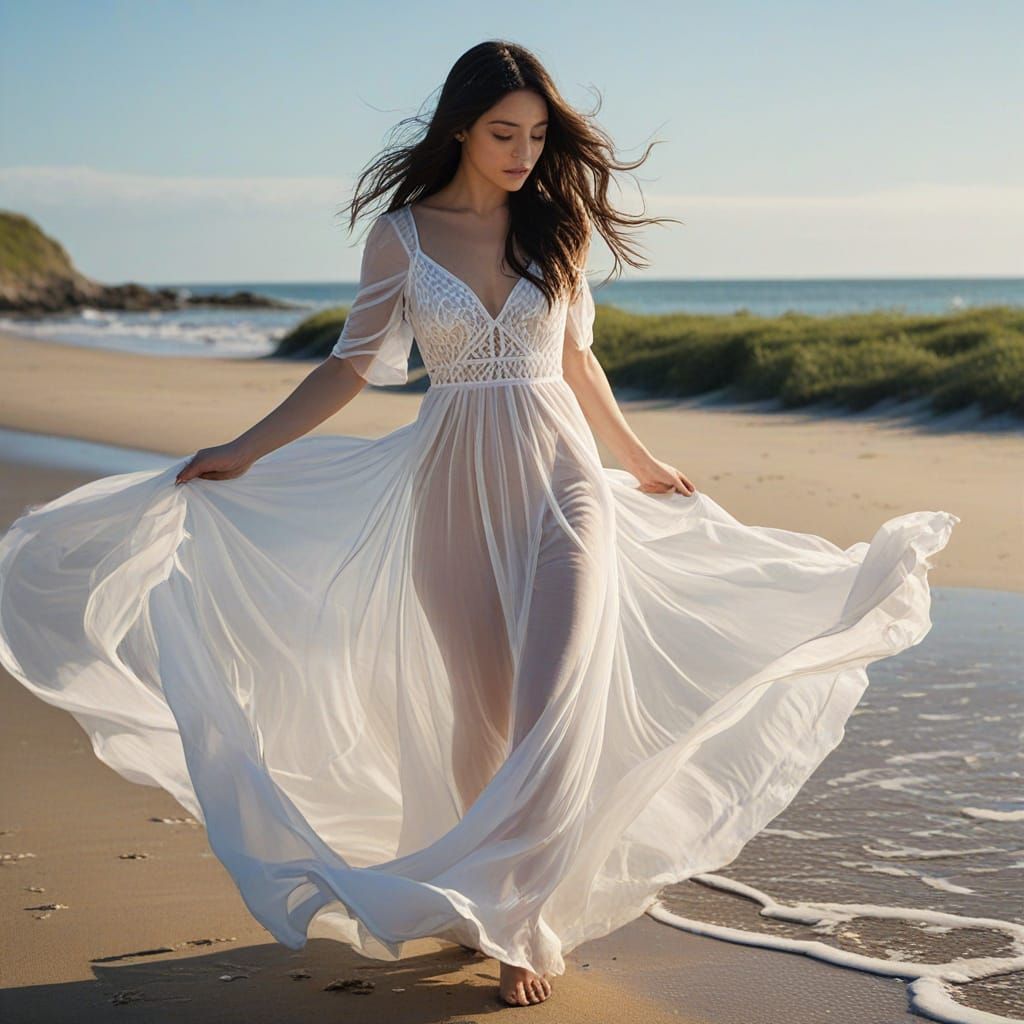 Ethereal Woman Walking on Sunny Beach