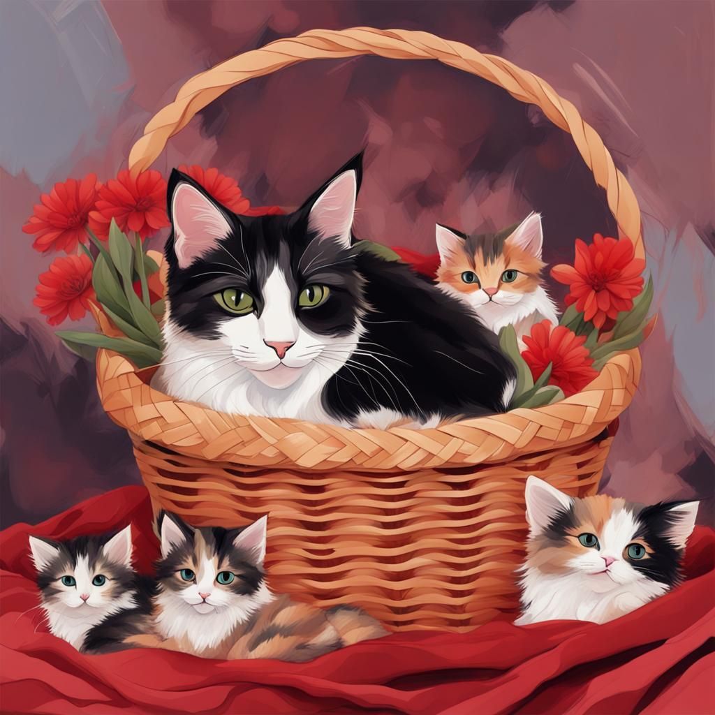Calico Cat with Newborn Kittens in Basket