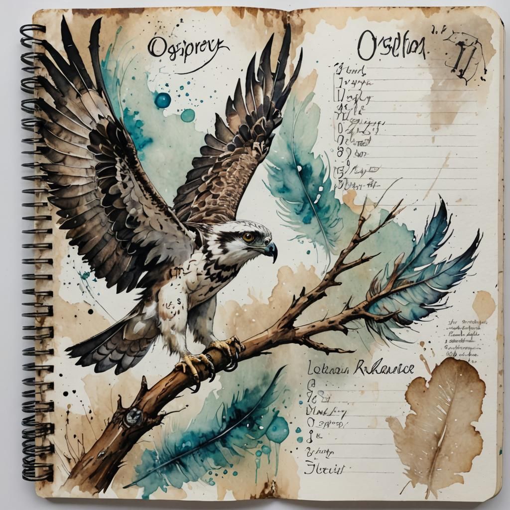 Osprey on Vintage Notebook Page in Watercolour Style