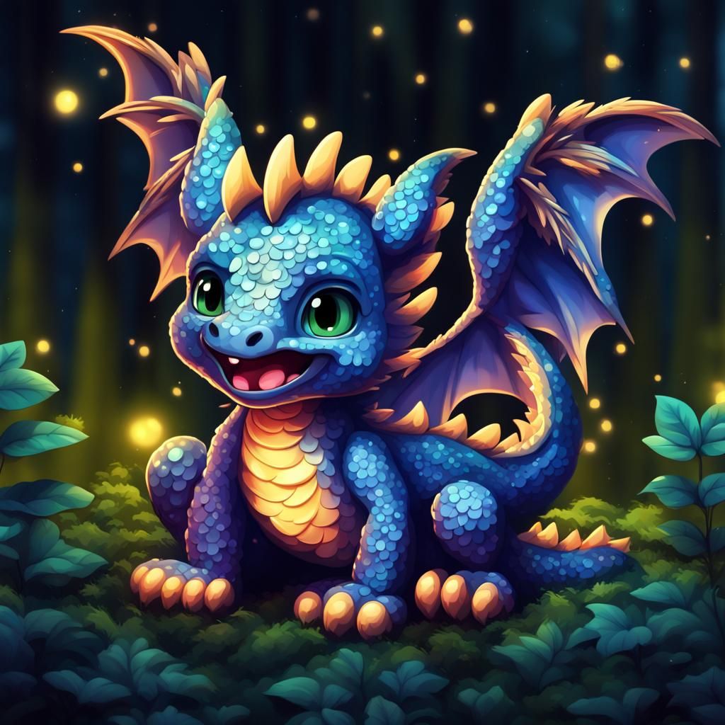 Cute Winged Dragon Cub in Neon Forest
