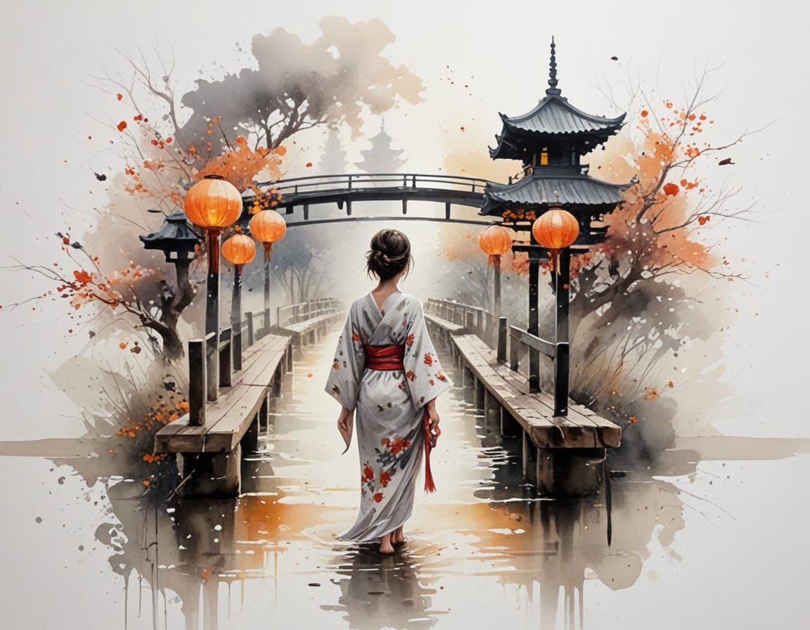 Woman on Kyoto Bridge with Glowing Lanterns