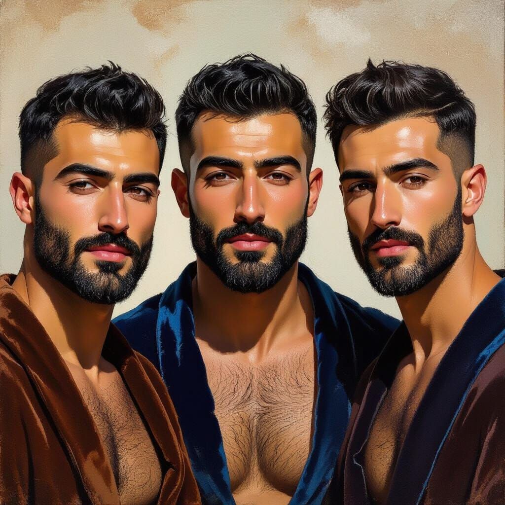 Impressionist Painting of Three Handsome Men in Velvet Robes