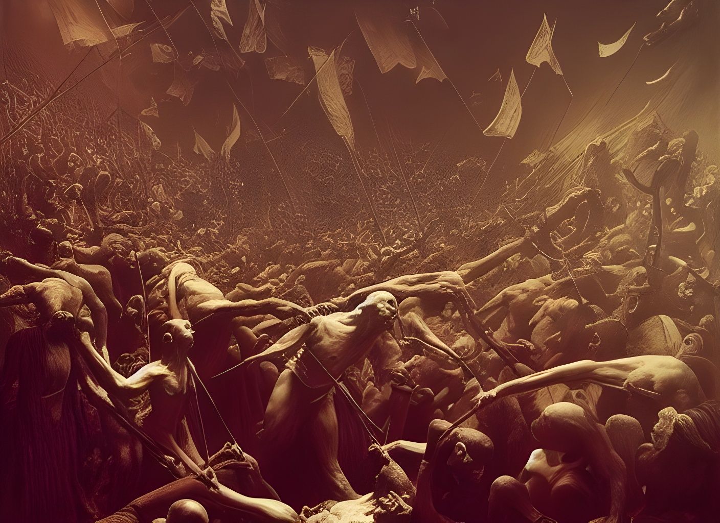 Dangerous Crowd Waving Banners: Grotesque Hyperrealism