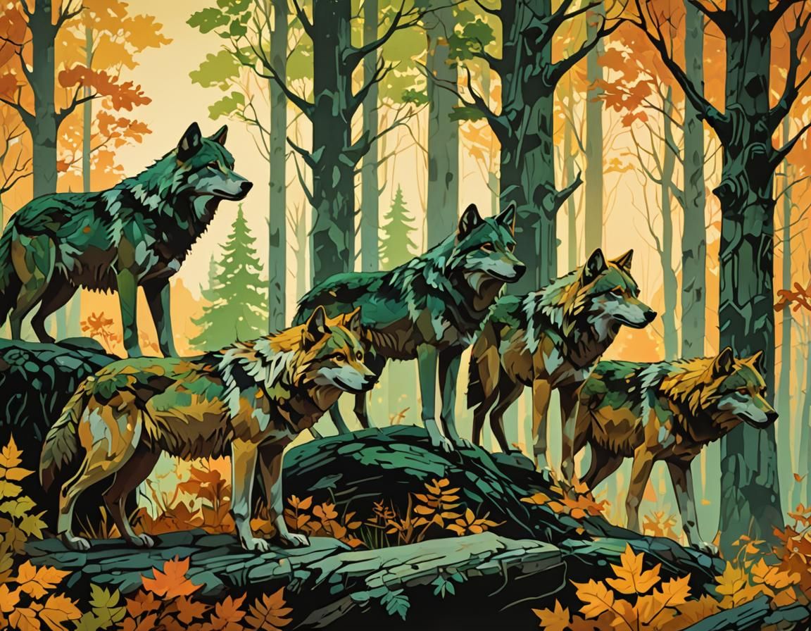 Wolves with Forest Silhouettes: Seasons in the Wild