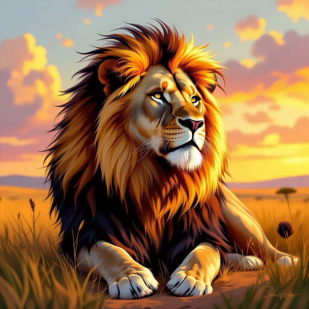 Flaming Lion in Realistic Digital Painting Style