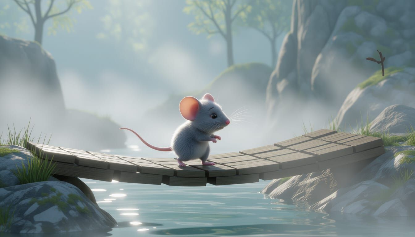 Fuzzy Mouse on Troll Bridge in 3D CGI Animation
