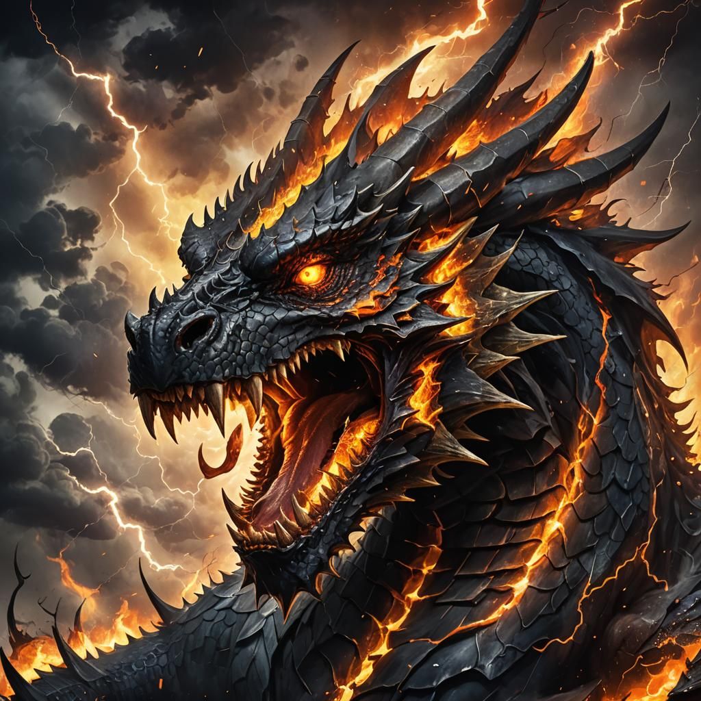 Black Chaos Dragon Breathing Fire in Dark Fantasy Style