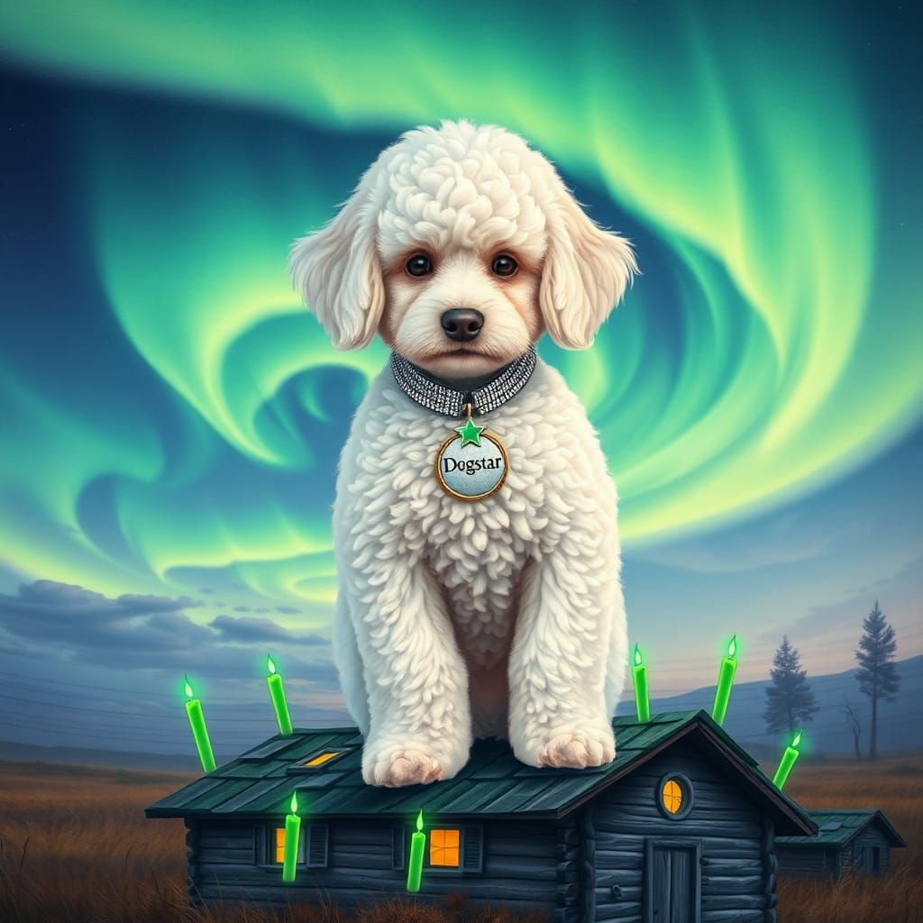 Poodle Puppy with Aurora Polaris Crypto Sky