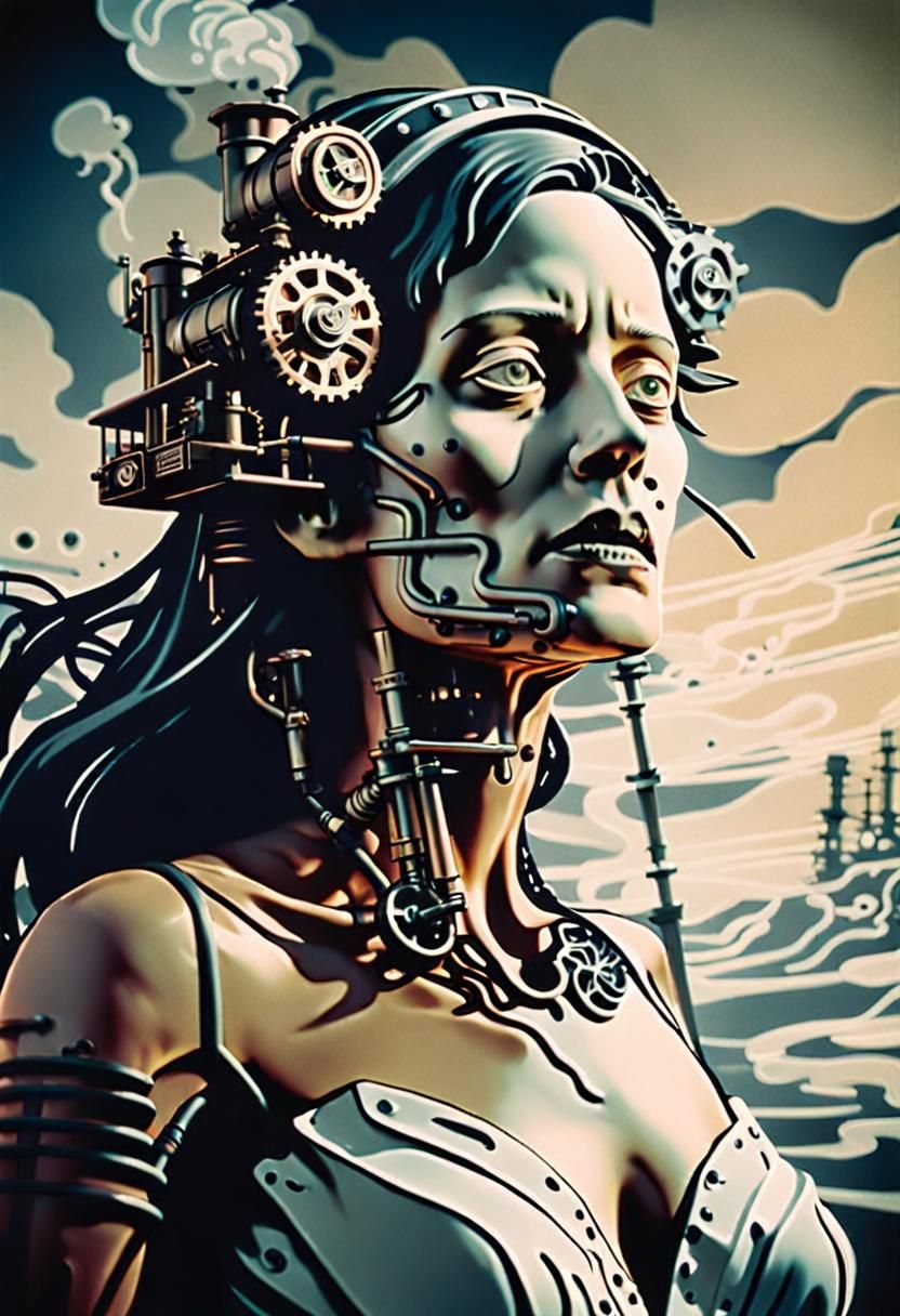 Dramatic Double Exposure of Worried Female Figure