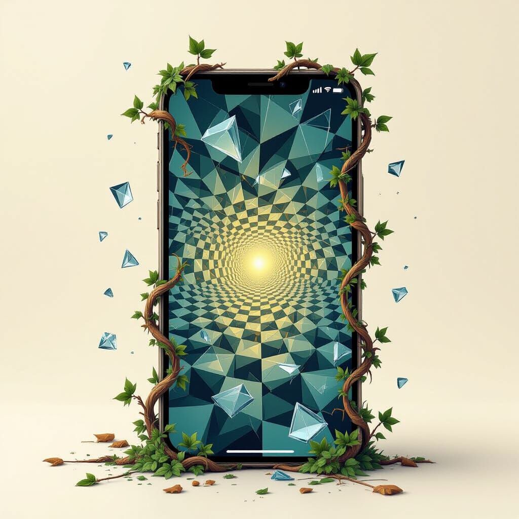 Surreal Vines Enveloping Cracked Phone in Dreamlike Art