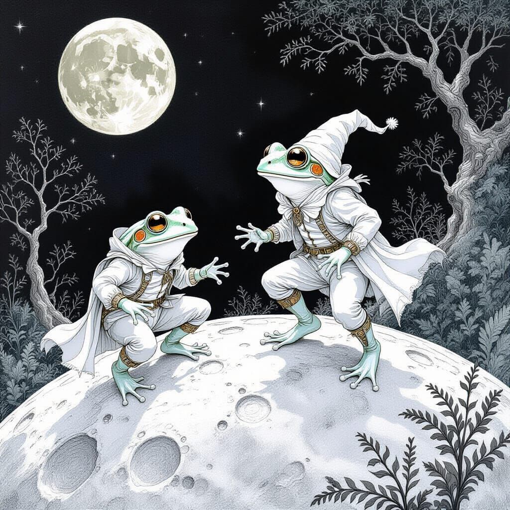 Frogs Bounce on the Moon in Arthur Rackham Style