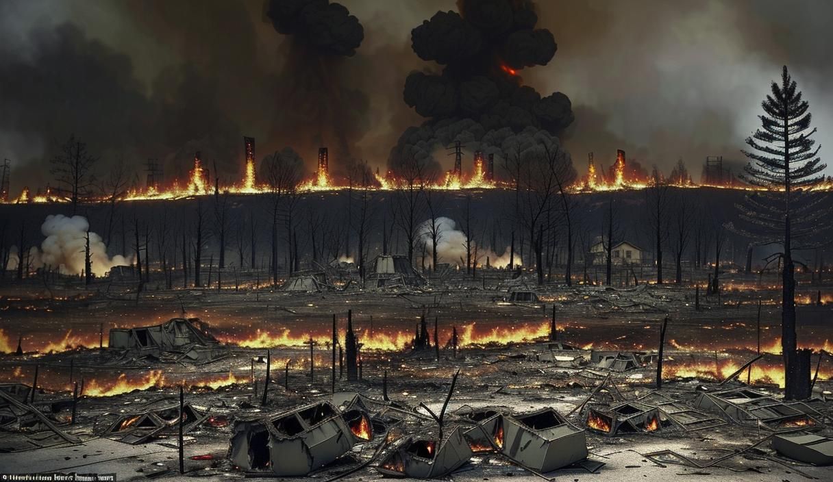 Nuclear devastation on Christmas eve. Burning trees and scor...