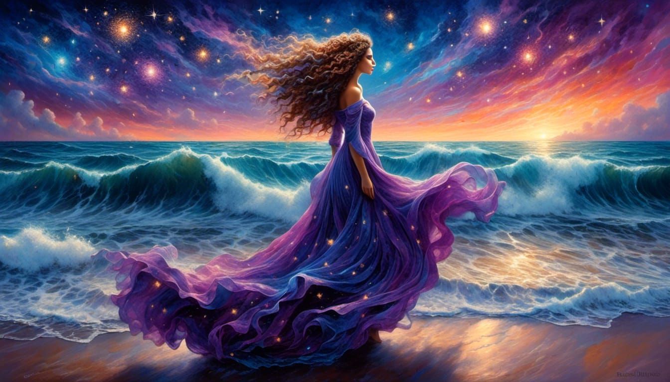 Surreal Woman on Twilight Beach in Magical Realism Style