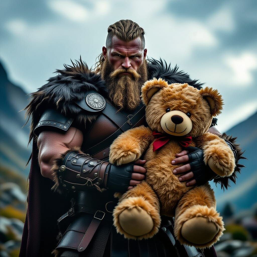 Viking Warrior with Teddy Bear: Cinematic Still