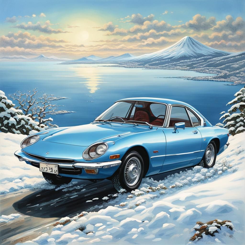Light Blue Mazda Cosmo on Snowy Mountain Road