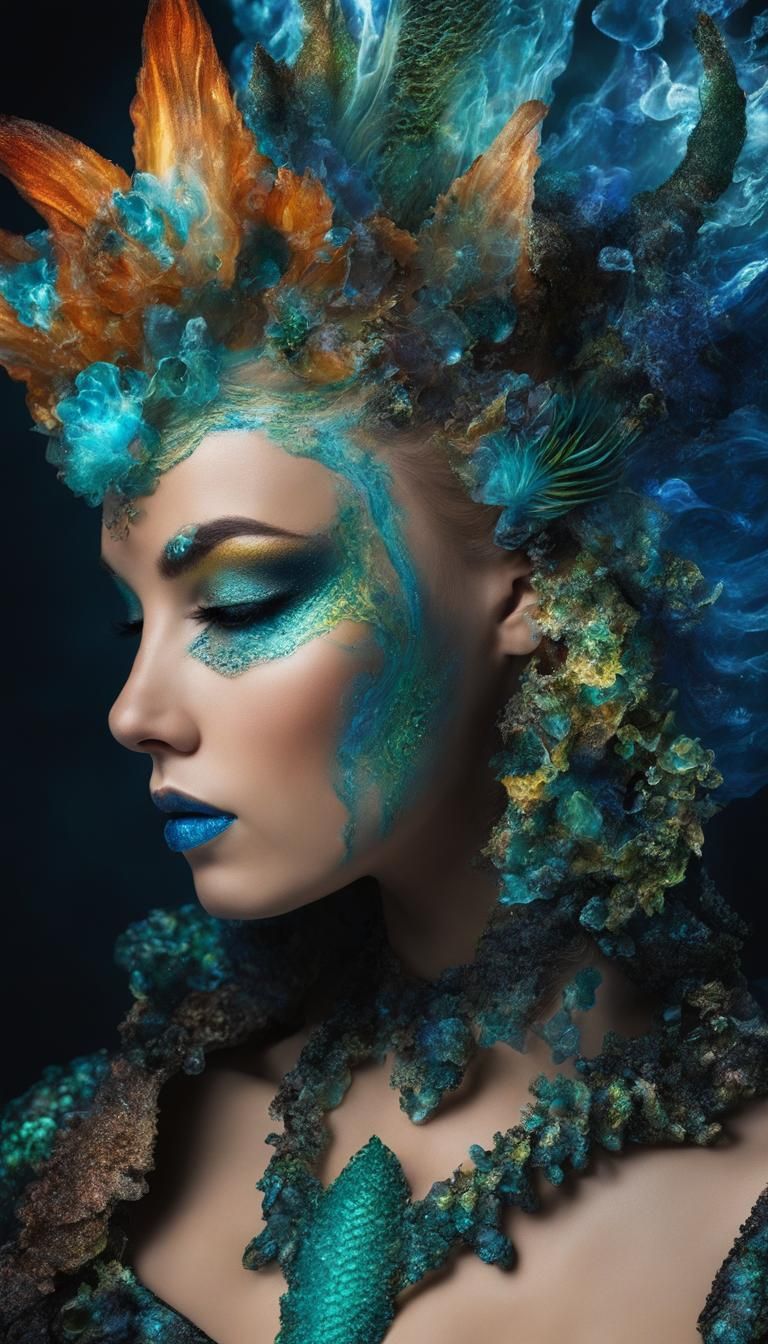 Aquapunk Warrior with Neptune Beard in Bioluminescent Reef