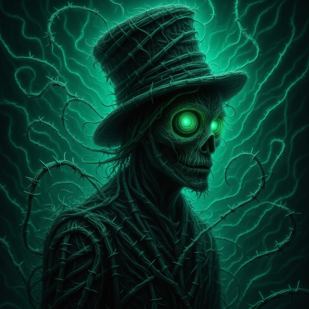 Sinister Man in Top Hat Wrapped in Barbed Wire