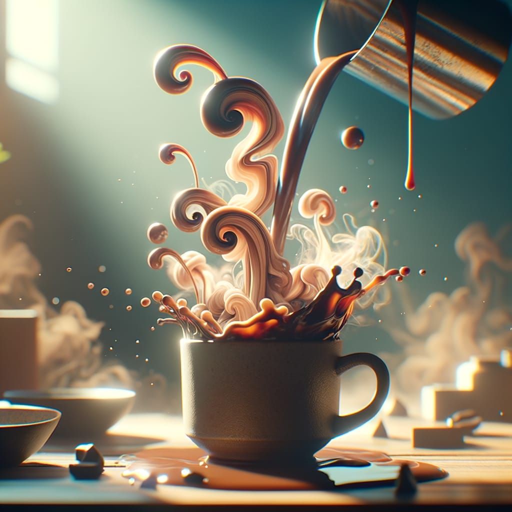 Cozy Animated Coffee Pouring: Hyperrealistic Splash Art